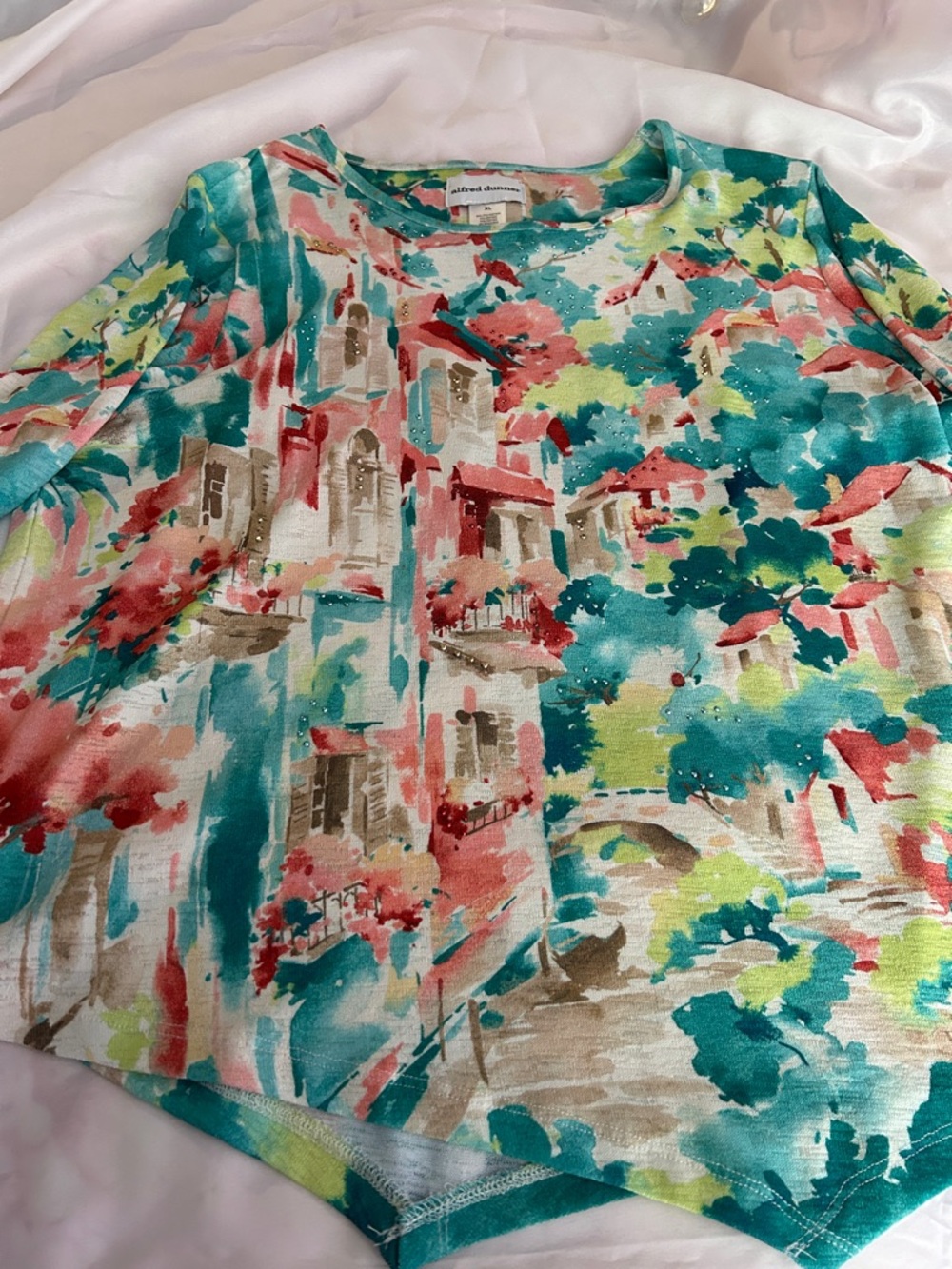 Alfred Dunner Teal, Coral, Cream & Brown Watercolor-Print Long Sleeve Top